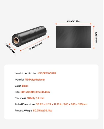 Koduva VEVOR storas plastikinis lakštas 10 mil, 20 x 100 ft, juodas