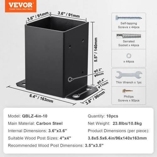 VEVOR Stulpo pagrindas, 10 vnt., 101,6 x 101,6 mm, 91 x 91 mm vidus, matinė juoda