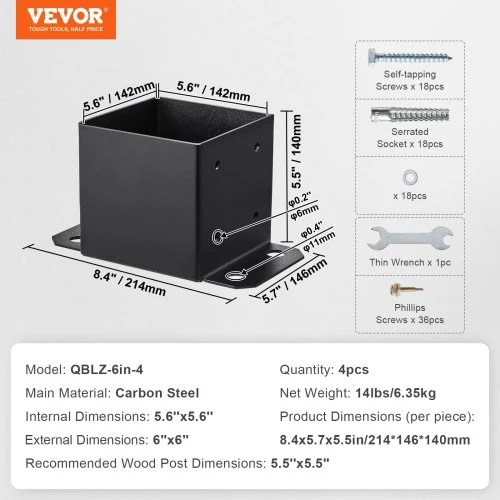 VEVOR Stulpo pagrindas 4 vnt., 152,4 x 152,4 mm, vidinis dydis 142 x 142 mm, juodas