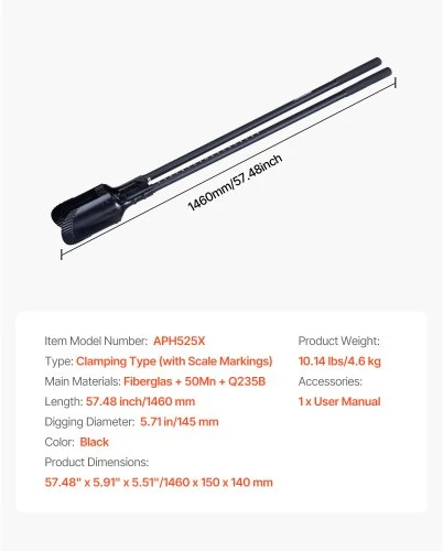VEVOR Stulpų skylių kastuvas APH525X, juodas, 146 cm