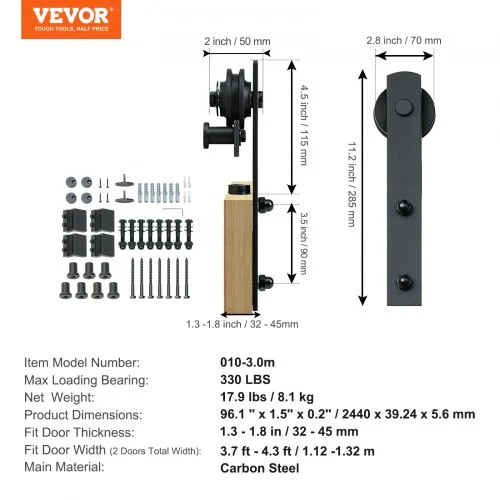 VEVOR Stumdomų tvarto durų furnitūros rinkinys, 243,8 cm, dviguboms durims