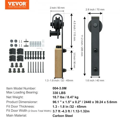 VEVOR Stumdomų varstomų durų furnitūros rinkinys, 243,8 cm, 149,7kg, dviguboms durims