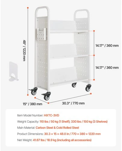 Koduva VEVOR stumiamas knygų vežimėlis, 150 kg, 77 x 38 x 122 cm, vienpusis, baltas