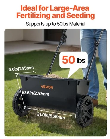 VEVOR Stumiamasis barstytuvas, 50 lbs talpa, 18 col. barstymo plotis, 10 padėčių