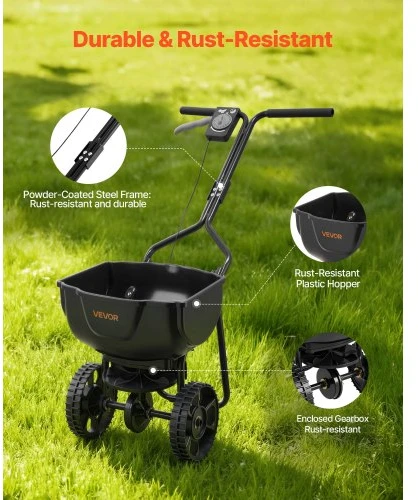 VEVOR Stumiamasis vejos barstytuvas, 3 m barstymo plotis, 15 lbs (6,8kg) talpa, 10 colių visureigiai ratai