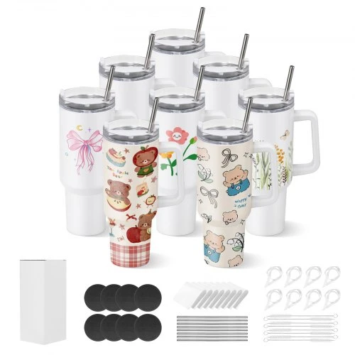 Koduva VEVOR sublimaciniai puodeliai su rankena, 8 vnt., 1183 ml, su dangteliais ir šiaudeliais