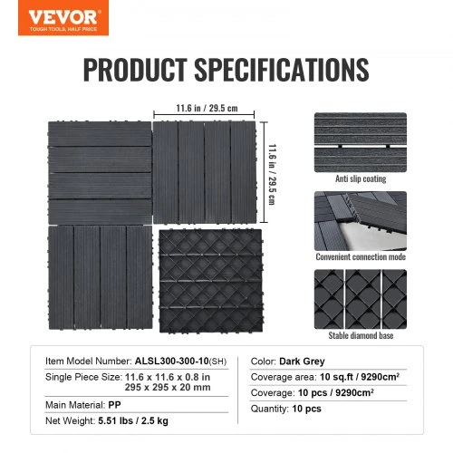 Koduva VEVOR sujungiamos denio plytelės, 10 vnt., 30 x 30 cm, tamsiai pilkos