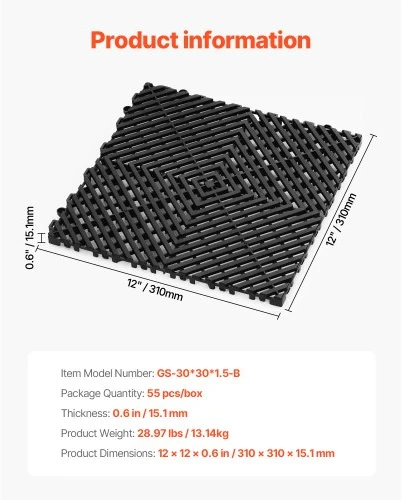 VEVOR Sujungiamos drenažo plytelės, 12 x 12 col., 55 vnt., juodos