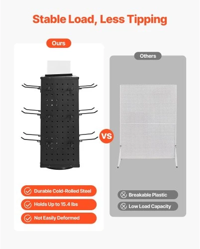 Koduva VEVOR sukamasis pegboard stovas, 18,8 x 18,8 x 42,6 cm, 4 pusių, 24 kabliukai, juodas