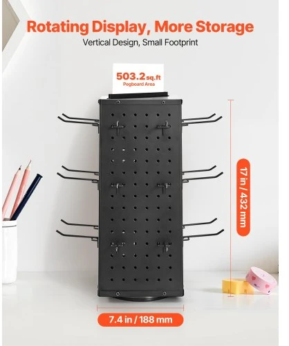 Koduva VEVOR sukamasis pegboard stovas, 18,8 x 18,8 x 42,6 cm, 4 pusių, 24 kabliukai, juodas