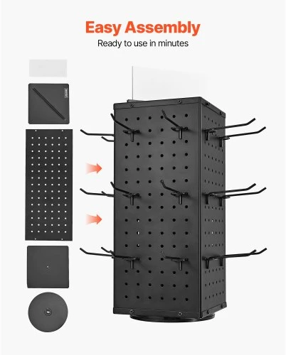 Koduva VEVOR sukamasis pegboard stovas, 18,8 x 18,8 x 42,6 cm, 4 pusių, 24 kabliukai, juodas