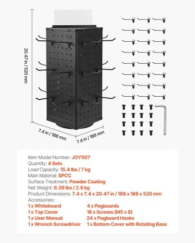 Koduva VEVOR sukamasis pegboard stovas, 18,8 x 18,8 x 42,6 cm, 4 pusių, 24 kabliukai, juodas