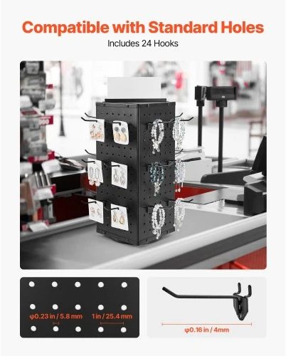 Koduva VEVOR sukamasis pegboard stovas, 18,8 x 18,8 x 42,6 cm, 4 pusių, 24 kabliukai, juodas