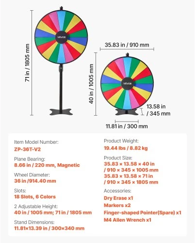 VEVOR Sukimo prizų ratas, 914 mm, 18 skyrių, su stovu, reguliuojamo aukščio, 6 spalvų