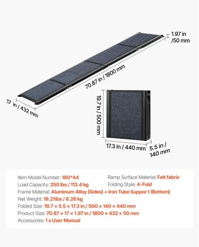 VEVOR Sulankstoma automobilio rampa šunims, 180 x 43,2 cm, iki 113 kg
