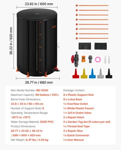VEVOR Sulankstoma lietaus statinė, 250 l, 500D PVC, juoda