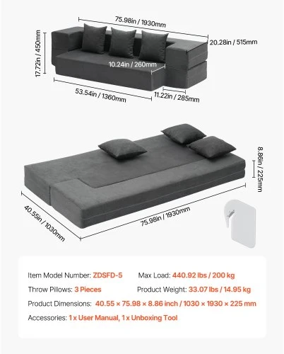 VEVOR Sulankstoma sofa-lova, tamsiai pilka, Twin, ZDSFD-5