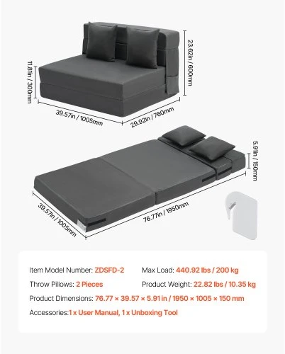 VEVOR Sulankstoma sofa-lova, tamsiai pilka, 195 x 100,5 x 15 cm