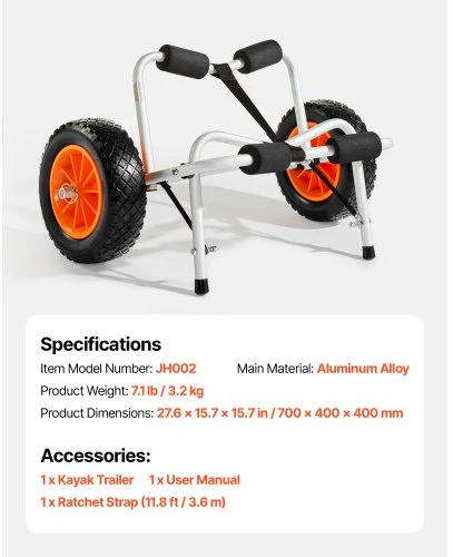 VEVOR Sulankstomas kajakų vežimėlis, 113,4kg keliamoji galia, 25,4 cm vientisi guminiai ratai, 1 diržas