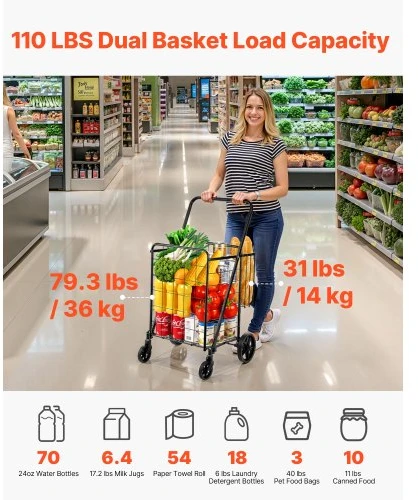 Koduva VEVOR sulankstomas pirkinių vežimėlis, dvigubas krepšys, 360° pasukami ratai, iki 50 kg