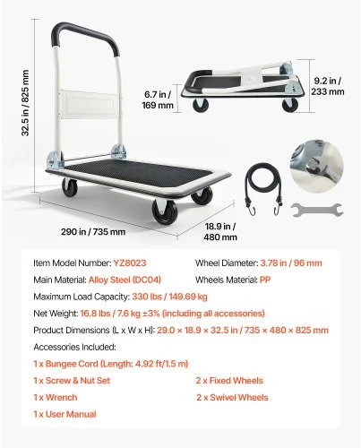 Koduva VEVOR sulankstomas platforminis vežimėlis, 330 lb, su pasukamais ratais, 29 x 18,9 x 32,5 col.