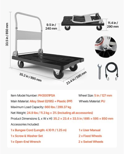 Koduva VEVOR sulankstomas platforminis vežimėlis, 299,37 kg, su pasukamais ratukais, 895 x 595 x 850 mm