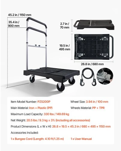 Koduva VEVOR sulankstomas platforminis vežimėlis su pasukamais ratukais, 149,69 kg, 680 x 495 x 115 mm