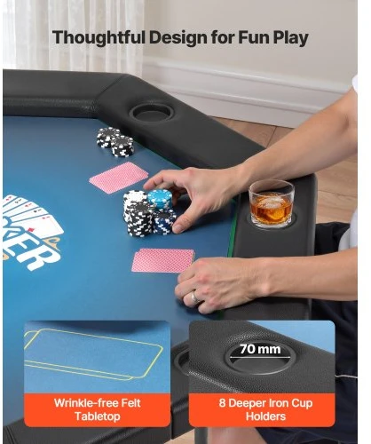 VEVOR Sulankstomas pokerio stalas, 8 žaidėjams, 1220 mm, šešiakampis, su paminkštintais kraštais ir puodelių laikikliais