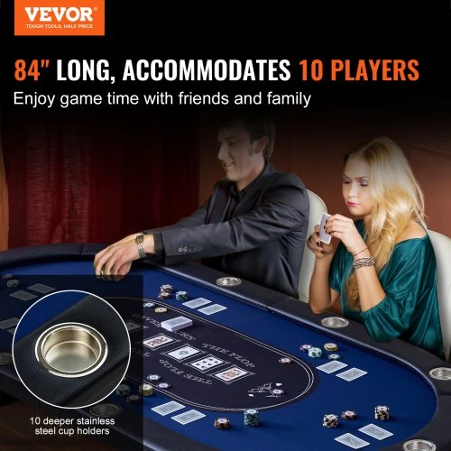 VEVOR Sulankstomas pokerio stalas 10 žaidėjų, 84 col. ovalus, su paminkštintais kraštais ir nerūdijančio plieno puodelių laikikliais