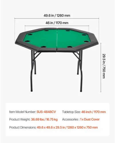 VEVOR Sulankstomas pokerio stalas, 8 žaidėjams, 1220 mm, su paminkštintais kraštais ir puodelių laikikliais