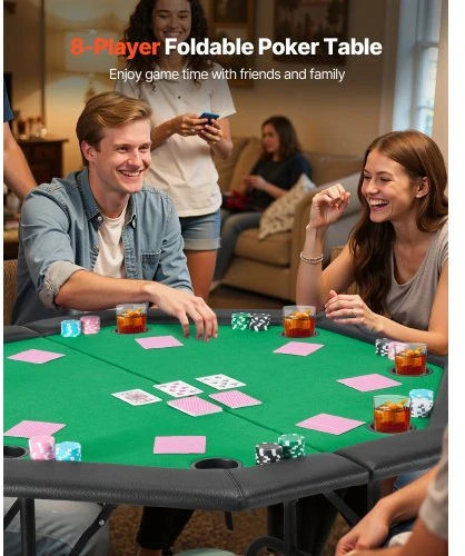 VEVOR Sulankstomas pokerio stalas, 8 žaidėjams, 1220 mm, su paminkštintais kraštais ir puodelių laikikliais