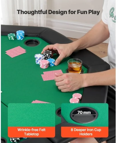VEVOR Sulankstomas pokerio stalas, 8 žaidėjams, 1220 mm, su paminkštintais kraštais ir puodelių laikikliais