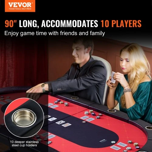 VEVOR Sulankstomas pokerio stalas 10 žaidėjų, 228,6 cm, su paminkštintais kraštais ir nerūdijančio plieno puodelių laikikliais