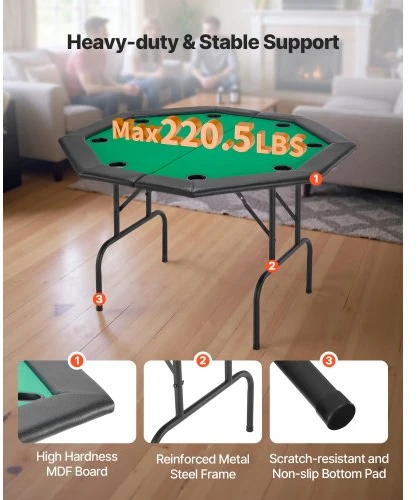 VEVOR Sulankstomas pokerio stalas, 8 žaidėjams, 1220 mm, su paminkštintais kraštais ir puodelių laikikliais