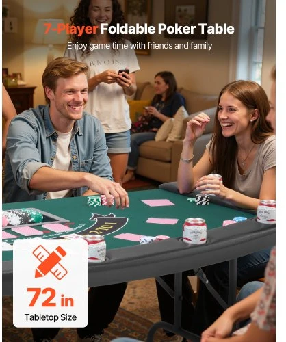VEVOR Sulankstomas pokerio stalas, 7 žaidėjų, 1828,8 mm, su paminkštintais kraštais ir puodelių laikikliais
