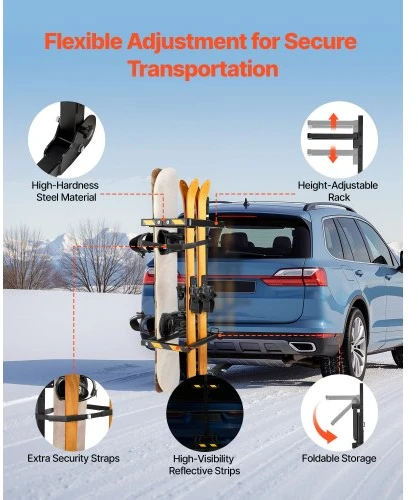 VEVOR Sulankstomas prie automobilio tvirtinamas slidžių ir snieglenčių laikiklis RN-2101, 50 mm