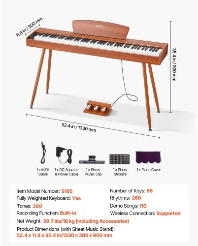 VEVOR Sunkiai pasveriamas skaitmeninis pianinas, 88 klavišai, medžio spalvos