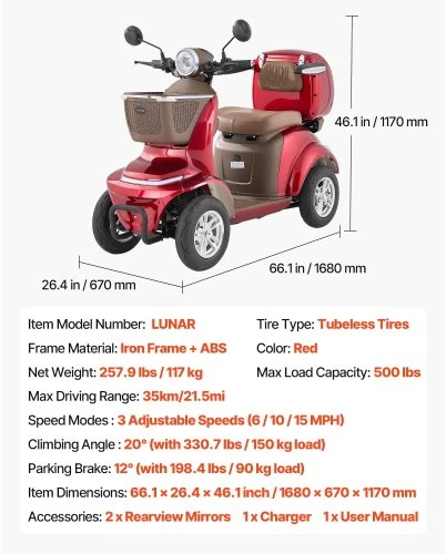 VEVOR Sunkios apkrovos 4 ratų mobilumo paspirtukas, 500 lb, 35 km, 3 greičiai, 1000 W, raudonas, LUNAR