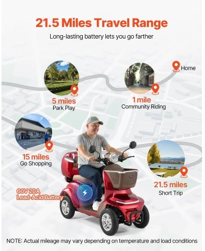 VEVOR Sunkios apkrovos 4 ratų mobilumo paspirtukas, 500 lb, 35 km, 3 greičiai, 1000 W, raudonas, LUNAR