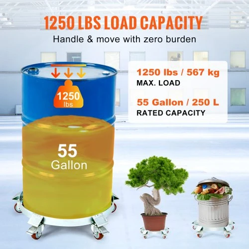 Koduva VEVOR sunkios apkrovos būgnų vežimėlis, 208,2 l, 567 kg keliamoji galia, plieno rėmas, 5 pasukami ratukai