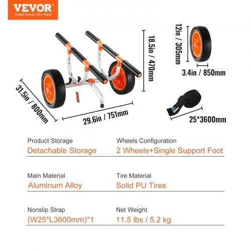 VEVOR Sunkiosios klasės kajako vežimėlis, 204,1kg keliamoji galia, 30,5 cm kietos padangos