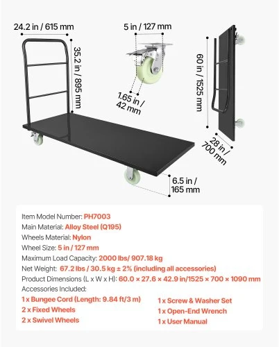 Koduva VEVOR sunkus platforminis vežimėlis, 2000 lbs, plieno su pasukamais ratais ir rankena, 60 x 27,6 x 42,9 in