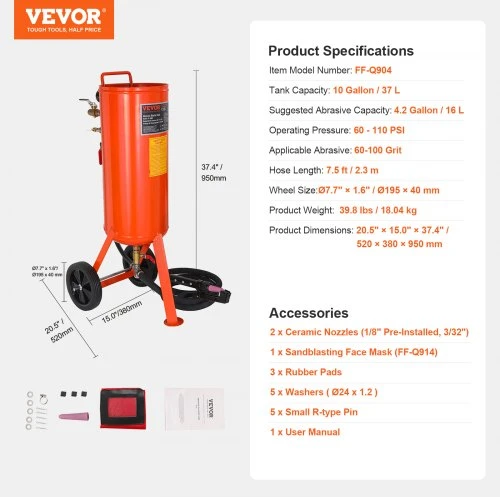 VEVOR Sunkus smėliavimo bakas, 37,9 l, 60–110 PSI, su 2 antgaliais ir 2,3 m žarna