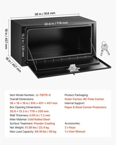 VEVOR Sunkvežimio apatinė įrankių dėžė JL-TB17S-6, plieninė, juoda, 914 x 457 x 457 mm