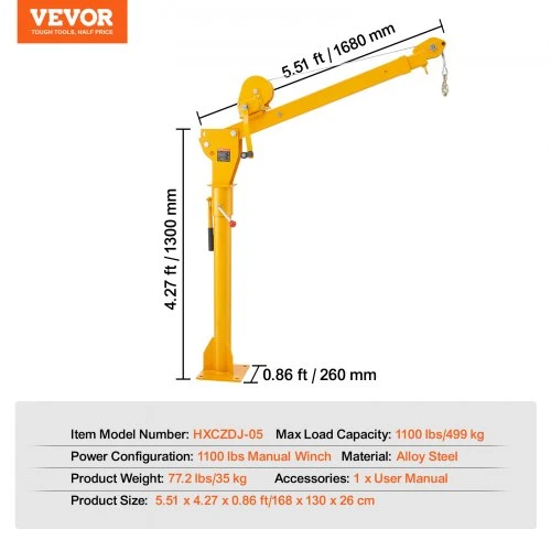 VEVOR Sunkvežimio kranas, sulankstomas kėbulo kranas su 1100 lbs rankine gervėle, 360° sukamas