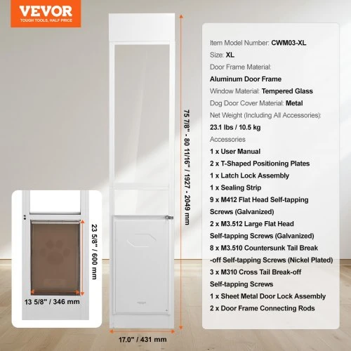 VEVOR Šuns durys stumdomoms stiklo durims, reguliuojamo aukščio 75 7/8"–80 11/16", XL