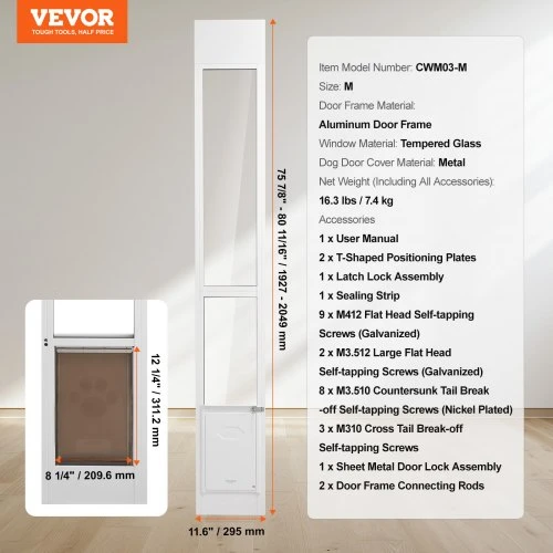 Koduva VEVOR šuns durys stumdomoms stiklo durims, reguliuojamas aukštis 75 7/8"–80 11/16", M