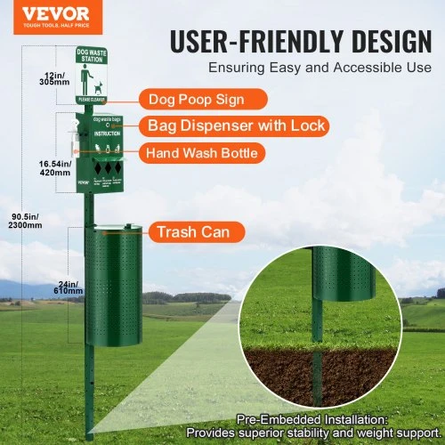 VEVOR Šunų atliekų stotis su rankų plovimo buteliu, 11,5 gal. komercinis atliekų konteineris, žalia