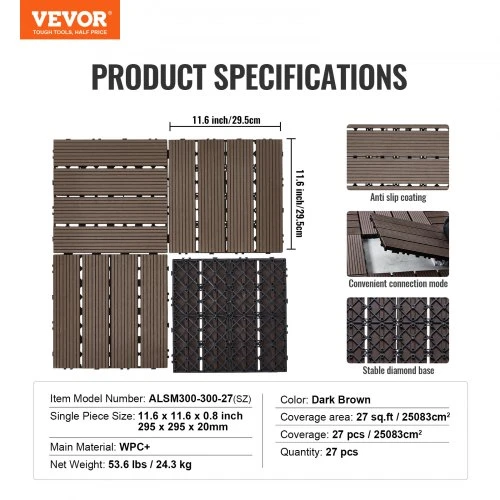 VEVOR Susijungiančios terasos plytelės, plastiko ir medienos kompozitas, 27 vnt., 12"x12", tamsiai rudos