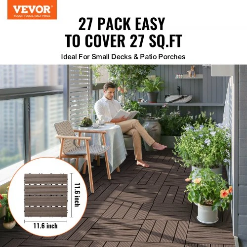VEVOR Susijungiančios terasos plytelės, plastiko ir medienos kompozitas, 27 vnt., 12"x12", tamsiai rudos